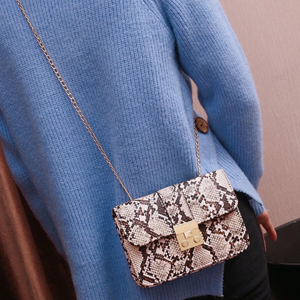 Vegan Leather Snakeskin Gold Tone hardware Chain Shoulder Crossbody Bag - Picture 6 of 7